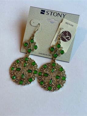 Stony Green Filigree Mandala Dangle Earrings Boho Statement NWT